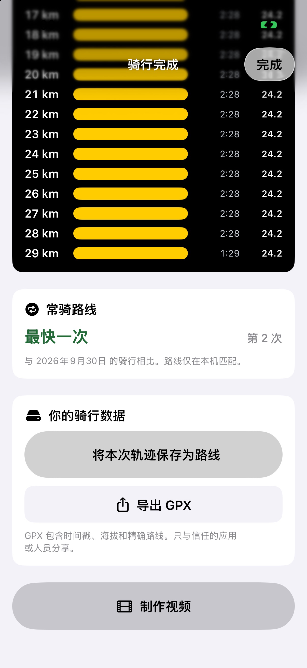 BikeX 骑行详情下方的你的骑行数据区域,包含将本次轨迹保存为路线和导出 GPX 两个入口