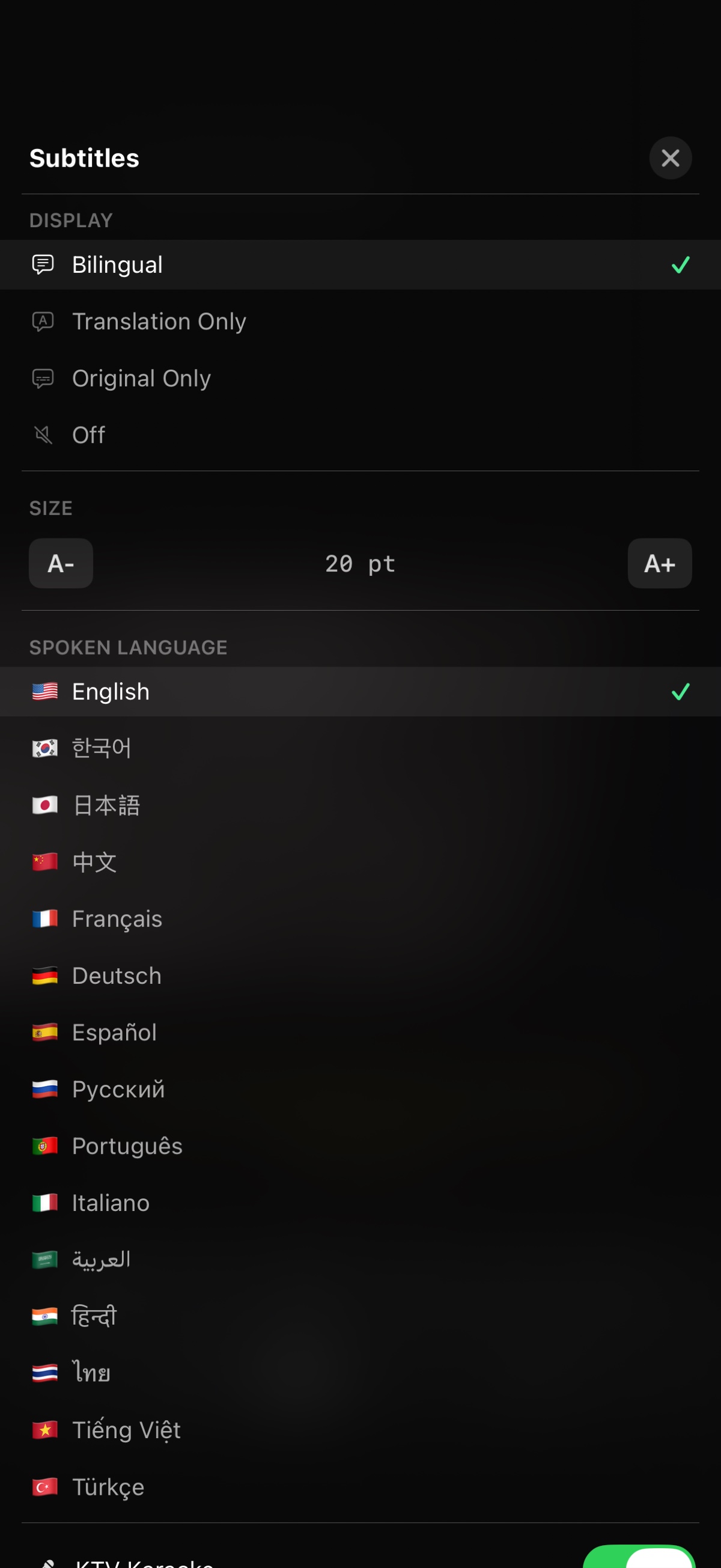 iPhone 实际 CC 字幕设置页,包含双语显示、字号和视频语音语言;此张素材保留原来的英文界面